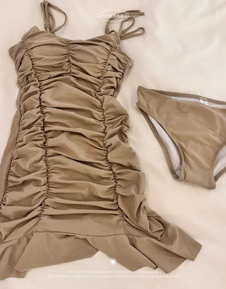 Shirring One Piece Monokini Swimsuit 2 Piece Cover Up Beachwear