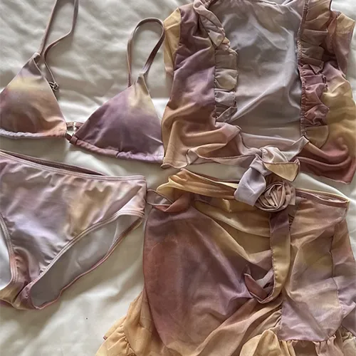 4pcs cardigan + skirt cover up bikini set high quality flower detail