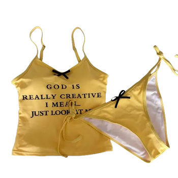 Yellow lettering crop top bikini cover up monokini belly covering swimsuit