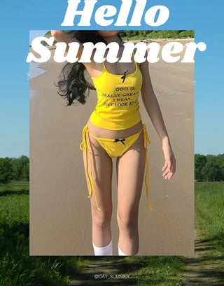 Yellow lettering crop top bikini cover up monokini belly covering swimsuit