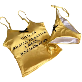Yellow lettering crop top bikini cover up monokini belly covering swimsuit