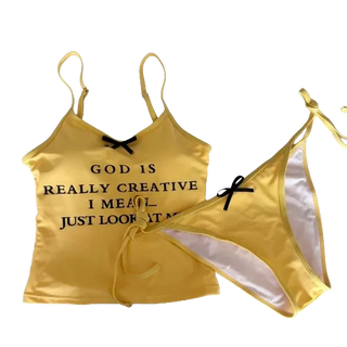 Yellow lettering crop top bikini cover up monokini belly covering swimsuit