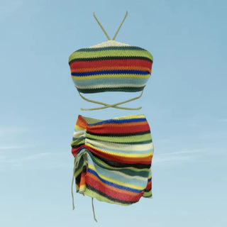 Rainbow Knit 3 piece Bikini Set Cover up Swimsuit Beachwear