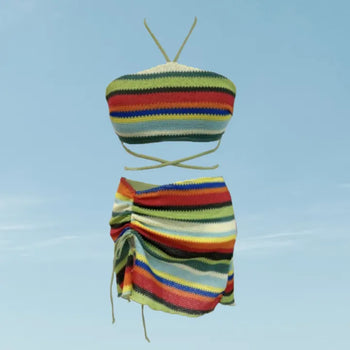 Rainbow Knit 3 piece Bikini Set Cover up Swimsuit Beachwear