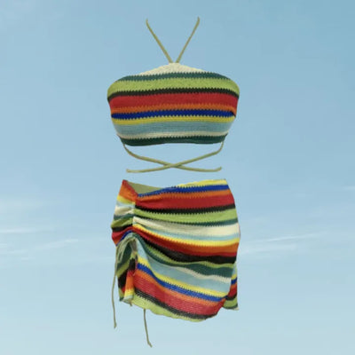 Rainbow Knit 3 piece Bikini Set Cover up Swimsuit Beachwear