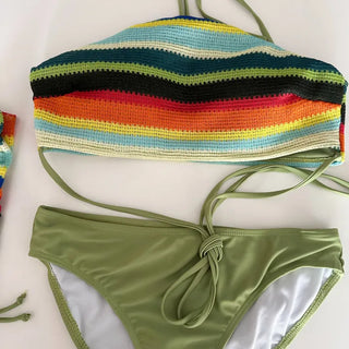 Rainbow Knit 3 piece Bikini Set Cover up Swimsuit Beachwear