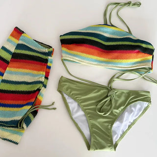 Rainbow Knit 3 piece Bikini Set Cover up Swimsuit Beachwear