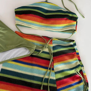 Rainbow Knit 3 piece Bikini Set Cover up Swimsuit Beachwear