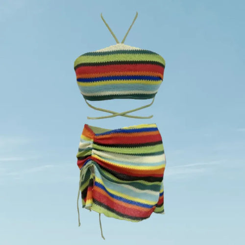 Rainbow Knit 3 piece Bikini Set Cover up Swimsuit Beachwear