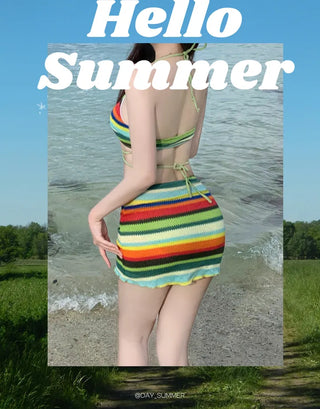 Rainbow Knit 3 piece Bikini Set Cover up Swimsuit Beachwear