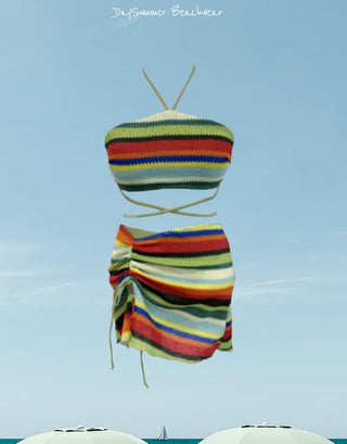 Rainbow Knit 3 piece Bikini Set Cover up Swimsuit Beachwear
