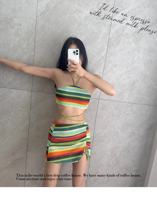 Rainbow Knit 3 piece Bikini Set Cover up Swimsuit Beachwear