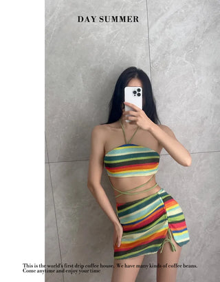 Rainbow Knit 3 piece Bikini Set Cover up Swimsuit Beachwear