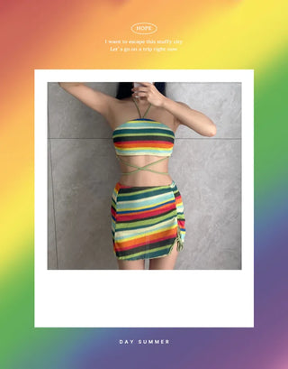 Rainbow Knit 3 piece Bikini Set Cover up Swimsuit Beachwear