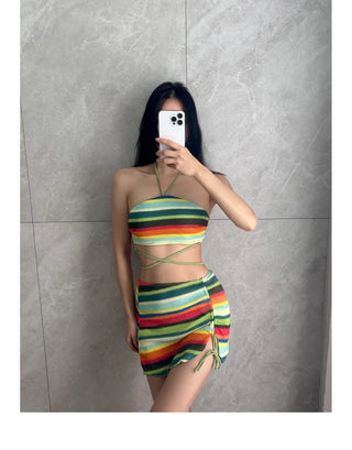 Rainbow Knit 3 piece Bikini Set Cover up Swimsuit Beachwear