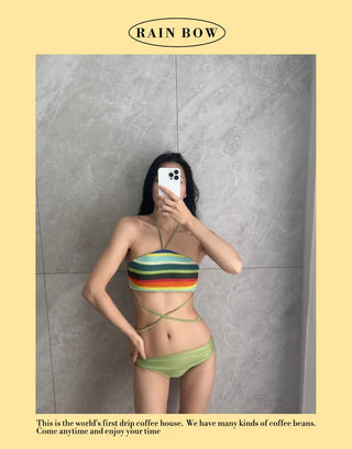 Rainbow Knit 3 piece Bikini Set Cover up Swimsuit Beachwear