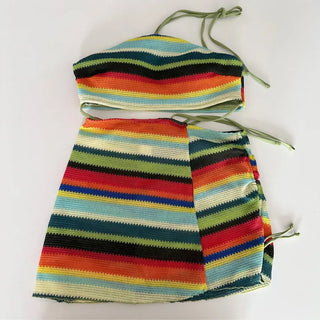Rainbow Knit 3 piece Bikini Set Cover up Swimsuit Beachwear