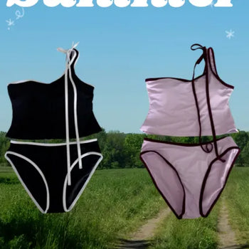 Colorblock Neck Strap Crop T Shirt Bikini Set (Black Purple)