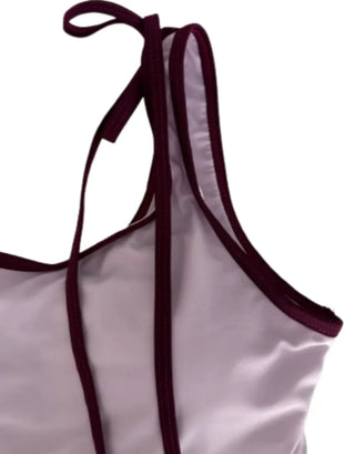 Colorblock Neck Strap Crop T Shirt Bikini Set (Black Purple)