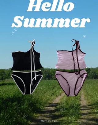 Colorblock Neck Strap Crop T Shirt Bikini Set (Black Purple)