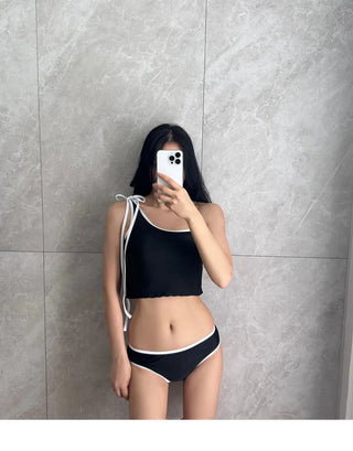 Colorblock Neck Strap Crop T Shirt Bikini Set (Black Purple)