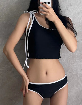 Colorblock Neck Strap Crop T Shirt Bikini Set (Black Purple)