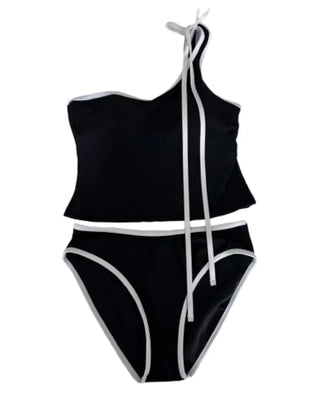Colorblock Neck Strap Crop T Shirt Bikini Set (Black Purple)