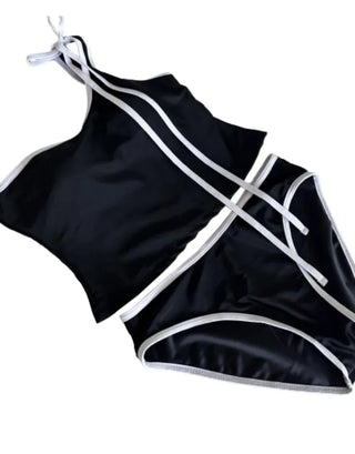 Colorblock Neck Strap Crop T Shirt Bikini Set (Black Purple)