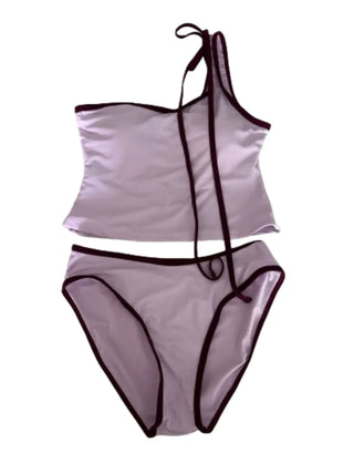Colorblock Neck Strap Crop T Shirt Bikini Set (Black Purple)
