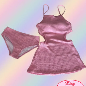 Knit Monokini One Piece Swimsuit Cover Up Bikini (Pink Sky Blue)