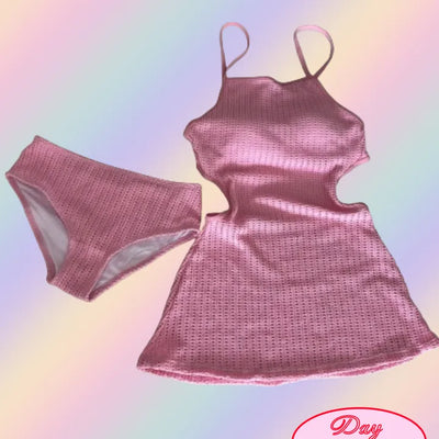 Knit Monokini One Piece Swimsuit Cover Up Bikini (Pink Sky Blue)
