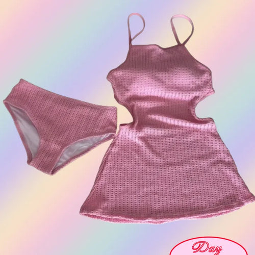 Knit Monokini One Piece Swimsuit Cover Up Bikini (Pink Sky Blue)