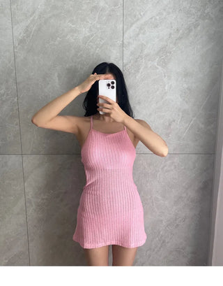 Knit Monokini One Piece Swimsuit Cover Up Bikini (Pink Sky Blue)