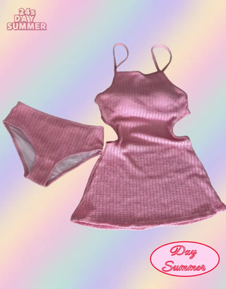 Knit Monokini One Piece Swimsuit Cover Up Bikini (Pink Sky Blue)