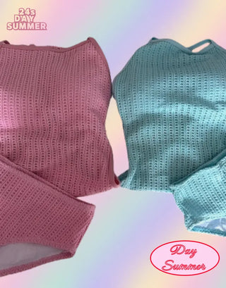 Knit Monokini One Piece Swimsuit Cover Up Bikini (Pink Sky Blue)
