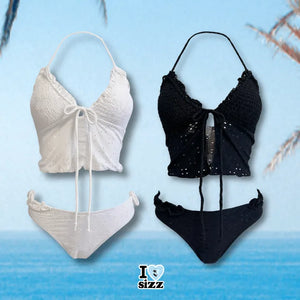 Punching Lace Bustier Swimsuit Set Crop Top Bikini Frill Strap Bikini