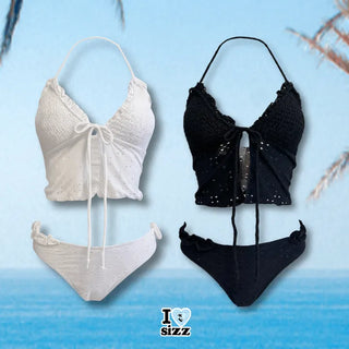 Punching Lace Bustier Swimsuit Set Crop Top Bikini Frill Strap Bikini