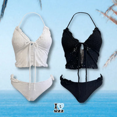 Punching Lace Bustier Swimsuit Set Crop Top Bikini Frill Strap Bikini