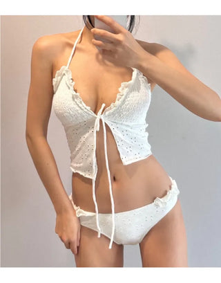 Punching Lace Bustier Swimsuit Set Crop Top Bikini Frill Strap Bikini