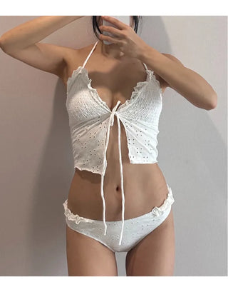 Punching Lace Bustier Swimsuit Set Crop Top Bikini Frill Strap Bikini