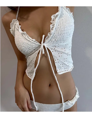 Punching Lace Bustier Swimsuit Set Crop Top Bikini Frill Strap Bikini