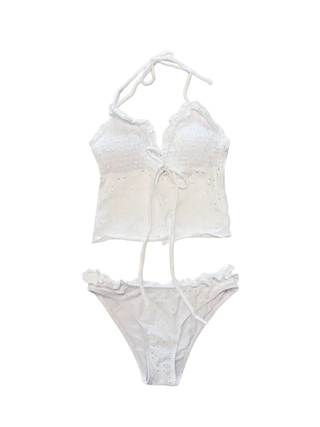 Punching Lace Bustier Swimsuit Set Crop Top Bikini Frill Strap Bikini