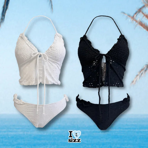 Punching Lace Bustier Swimsuit Set Crop Top Bikini Frill Strap Bikini