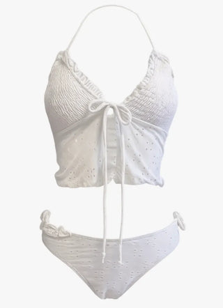 Punching Lace Bustier Swimsuit Set Crop Top Bikini Frill Strap Bikini