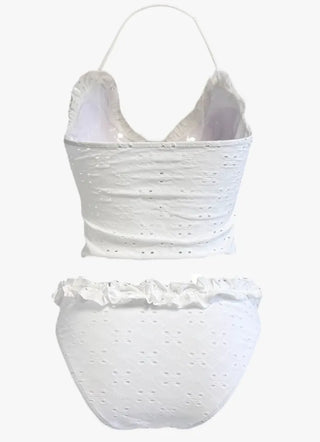 Punching Lace Bustier Swimsuit Set Crop Top Bikini Frill Strap Bikini