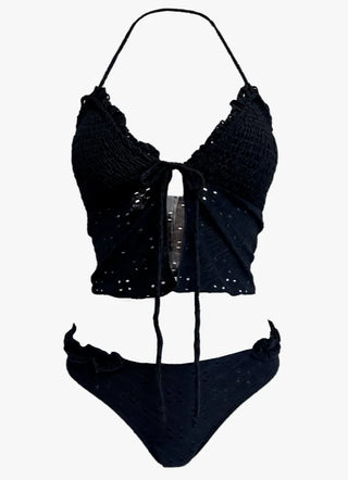 Punching Lace Bustier Swimsuit Set Crop Top Bikini Frill Strap Bikini