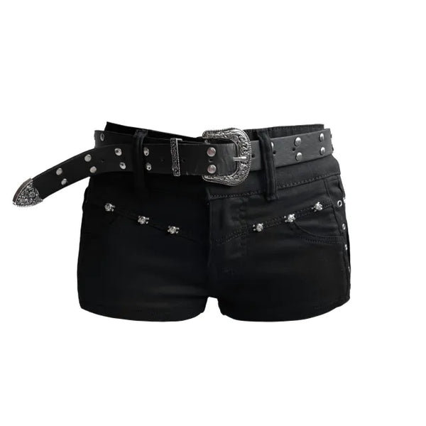 Mid Rise Belt Set Studded Short Hot Pants (Baddie Belt Shorts)