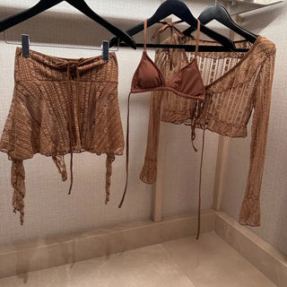 3 piece set: lace cardigan bikini skirt bikini skirt swimsuit belly cover up