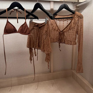 3 piece set: lace cardigan bikini skirt bikini skirt swimsuit belly cover up