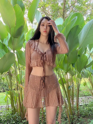 3 piece set: lace cardigan bikini skirt bikini skirt swimsuit belly cover up